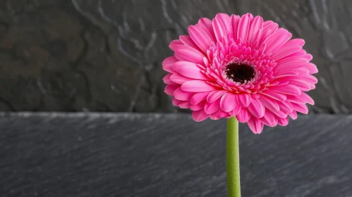 Pink Gerbera Daisy Close-up on Dark Stone Background