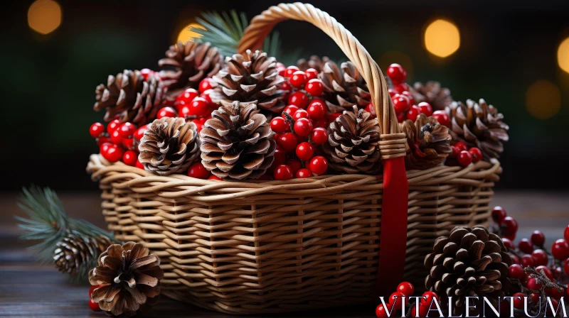 Rustic Still Life with Wicker Basket, Pine Cones, and Berries AI Image
