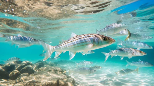 School of Striped Fish Swimming in Clear Blue Sea