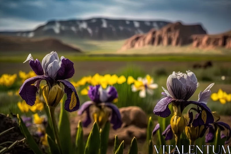 Captivating Iris Flower and Majestic Mountain Landscape AI Image