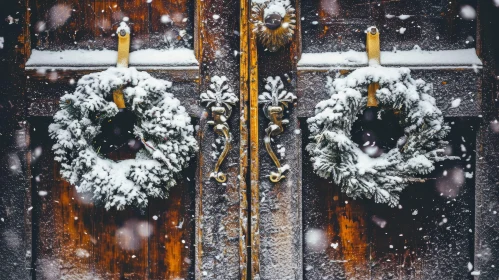 Christmas Wreaths on Wooden Door - Festive Holiday Decor