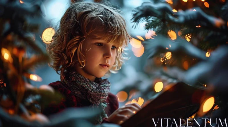 Enchanting Christmas Scene with Boy Reading by Tree AI Image