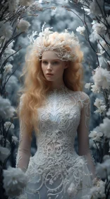 Enchanting Woman in Forest of White Flowers