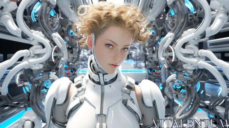 AI ART Futuristic Woman in White Armor with Machines