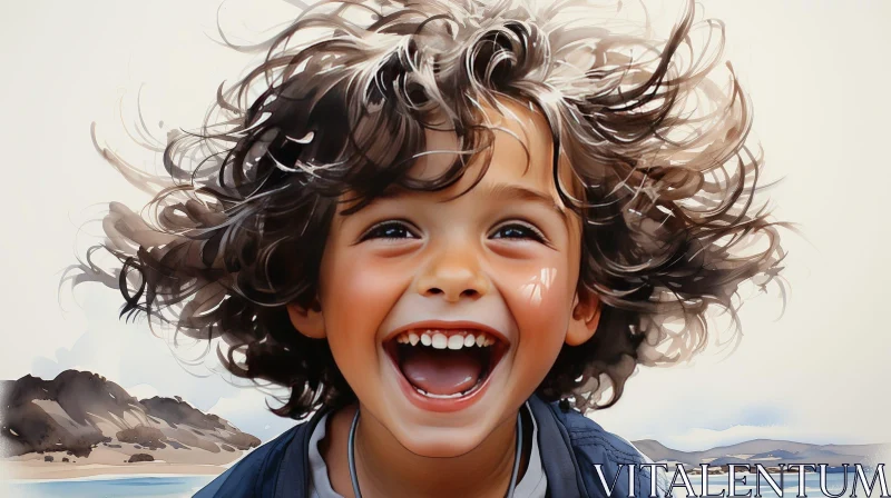 Joyful Boy Smiling in Nature | Blue Shirt | Mountains Background AI Image