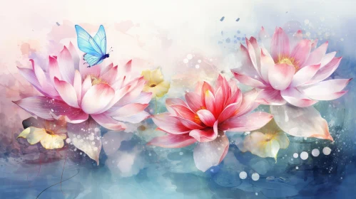 Pink and White Lotus Flowers Watercolor Painting with Butterfly