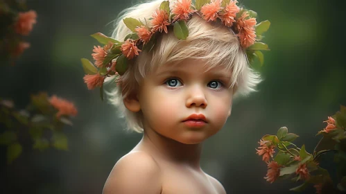 Serious Young Boy Portrait with Pink Flowers