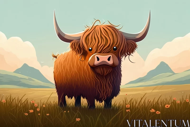 Small Cow in Grass with Mountains | Detailed Character Illustrations AI Image