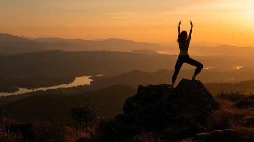 Yoga Silhouette on Mountaintop at Sunset