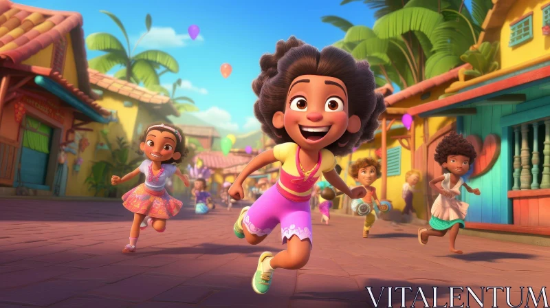 Cheerful Children Running in Latin American Town AI Image