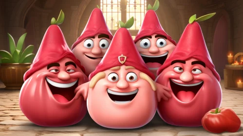 Cheerful Tomato Characters in Castle Setting
