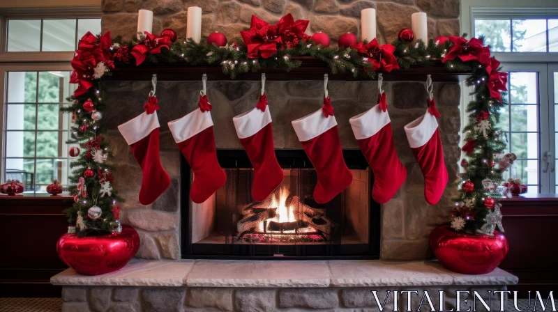Christmas Fireplace Decoration with Stockings and Garland AI Image