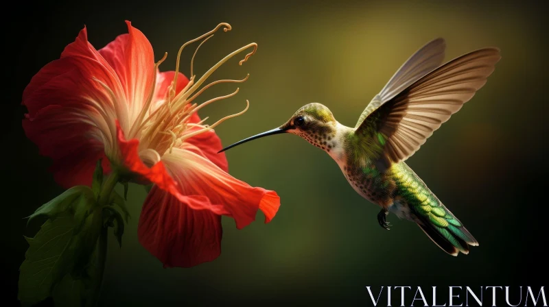 Hummingbird and Red Hibiscus Flower in Nature AI Image