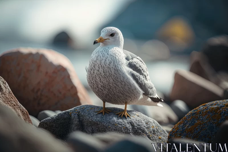 Mesmerizing Seagull on Rocks: Nature-inspired Tilt-Shift Photography AI Image
