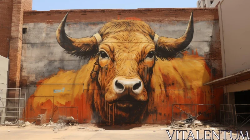 Serious Brown Bull Mural on Brick Wall AI Image