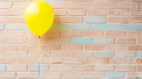 Yellow Balloon Against Light Beige Brick Wall