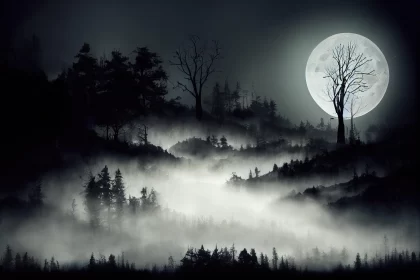 Moonlit Gothic Landscape with Trees | High Contrast Panoramic Scale