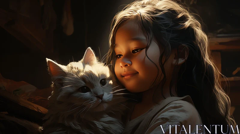 Smiling Girl with White Cat Portrait AI Image