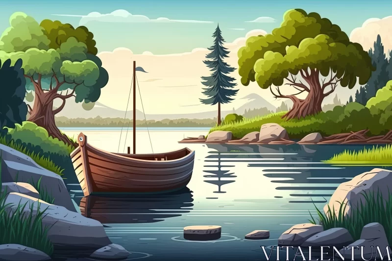 Tranquil Landscape with Rustic Boat: A Captivating Nature Illustration AI Image