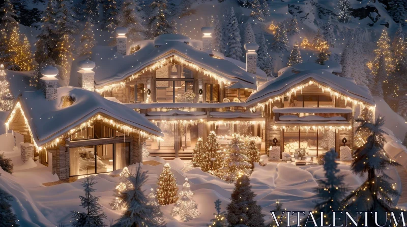 Winter Chalet Landscape with Snow-Capped Mountains AI Image