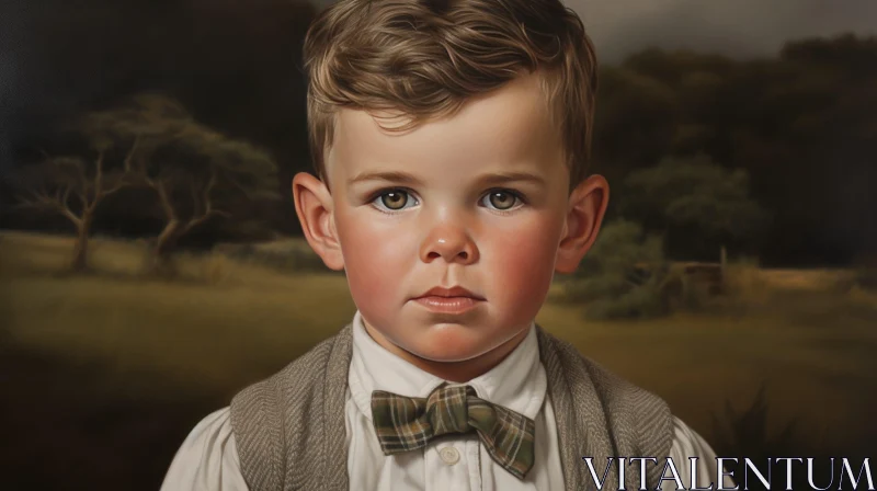 Young Boy Portrait with Green Eyes and Serious Expression AI Image