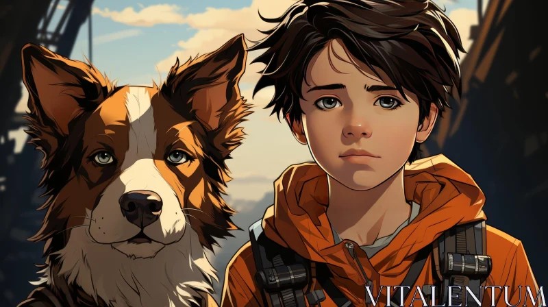 Boy and Dog Portrait in City Setting AI Image