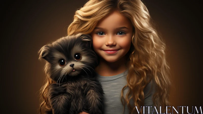 Charming Girl with Kitten in Studio AI Image