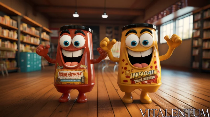 Cheerful Cartoon Ketchup and Mustard Bottles on Wooden Table AI Image