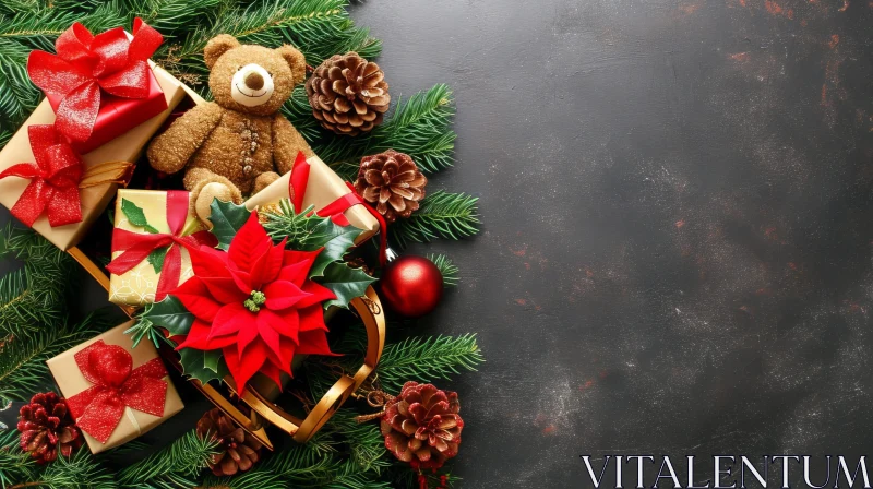 Christmas Teddy Bear Composition with Gifts and Poinsettia AI Image