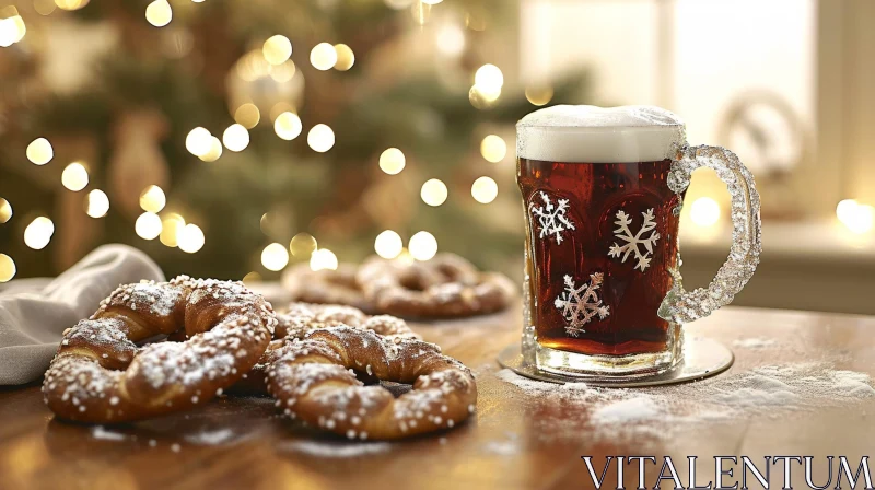 Dark Beer and Pretzels on Wooden Table AI Image