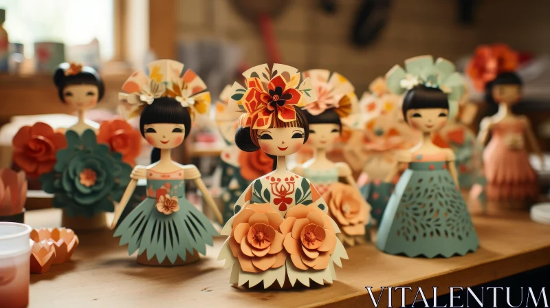 AI ART Elegant Paper Dolls Displayed on Wooden Table