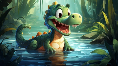 Green Alligator Cartoon Illustration in River