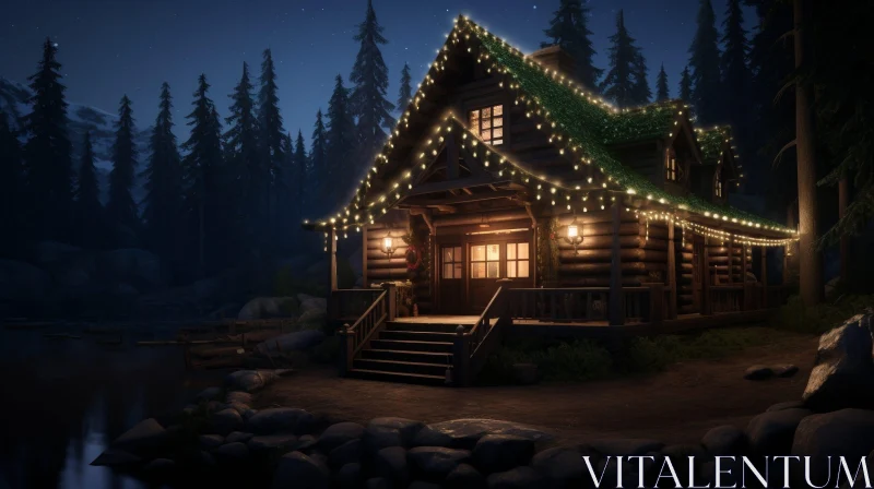 Tranquil Night Scene: Cabin in Woods with Lake View AI Image