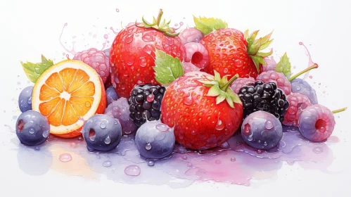 Berries and Citrus Fruits Watercolor Painting