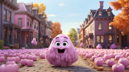 Charming Pink Creature in Colorful Street Scene