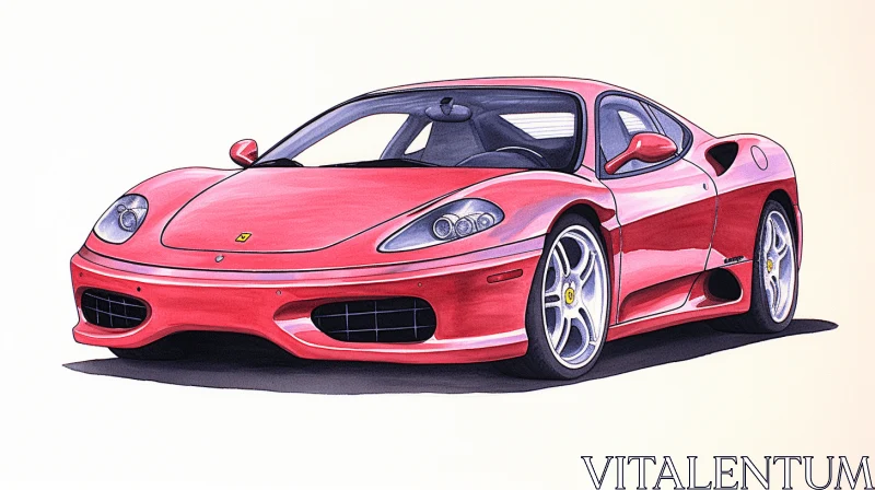 Exquisite Ferrari Sports Car Drawing in Red | Hand-Colored Artwork AI Image