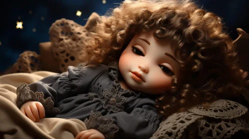Porcelain Doll on Bed with Starry Sky Background