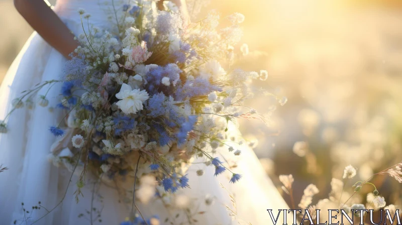 Sunlit Wedding Bride with Colorful Bouquet in Field AI Image