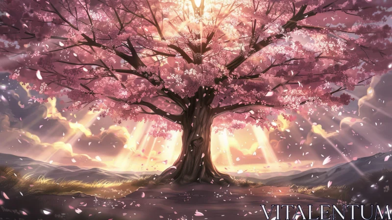 Cherry Blossom Tree Landscape at Sunset AI Image