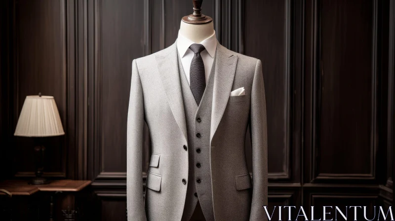 Elegant Gray Men's Suit with Vest and Tie on Mannequin AI Image