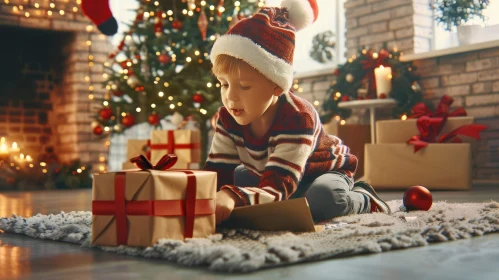 Festive Christmas Scene: Child Opening Presents