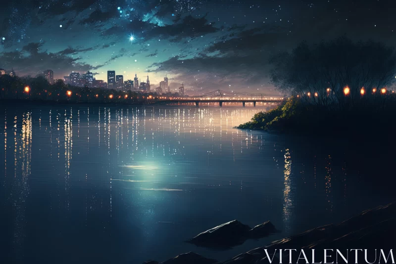 Nighttime Cityscape with Beautiful Water Reflections AI Image