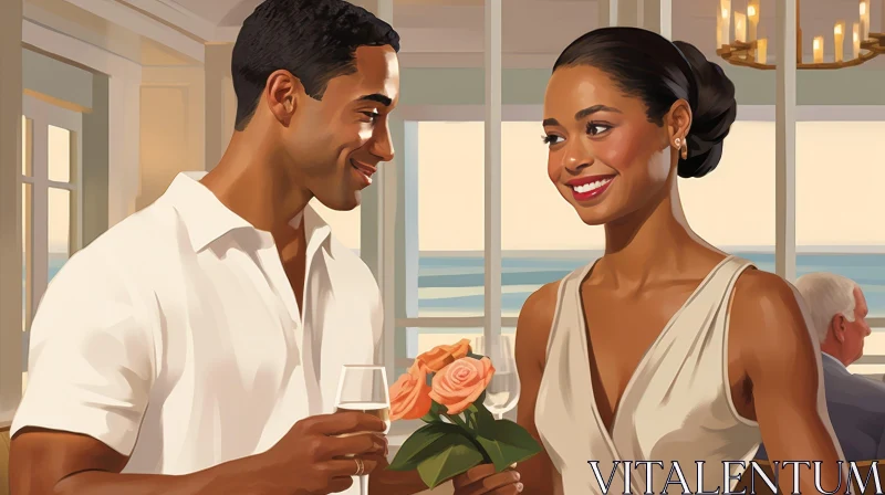 Romantic Couple Portrait in Room with Champagne and Roses AI Image