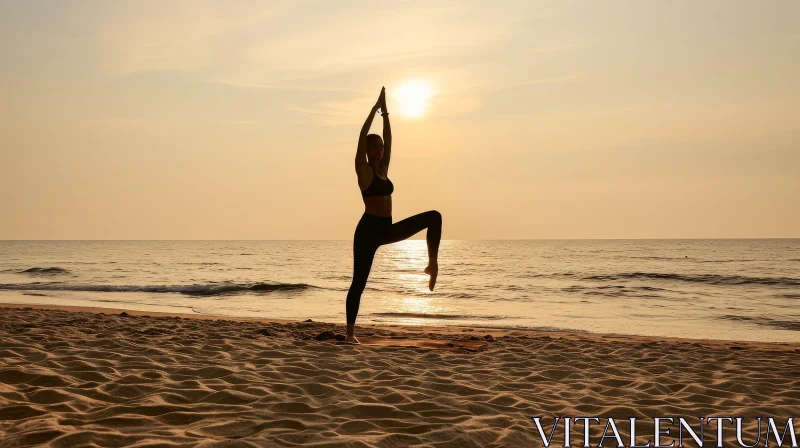 Sunset Yoga on Beach: Woman Practicing Yoga at Sunset AI Image