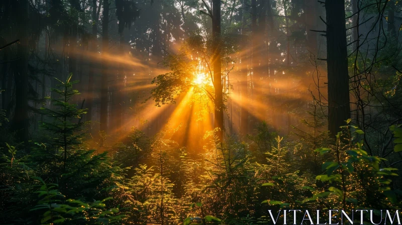 Enchanting Misty Forest with Sunlight and Lush Green Trees AI Image