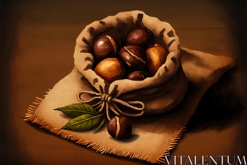 Still Life Painting: Nuts in a Sack on Brown Background AI Image