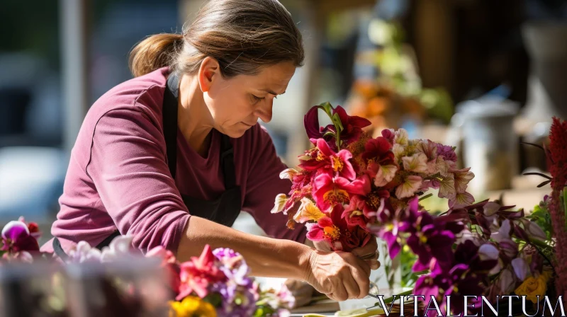 Woman Arranging Colorful Flower Bouquet AI Image