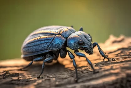 Captivating Blue Beetle on Wooden Stump | Artistic Impasto Technique