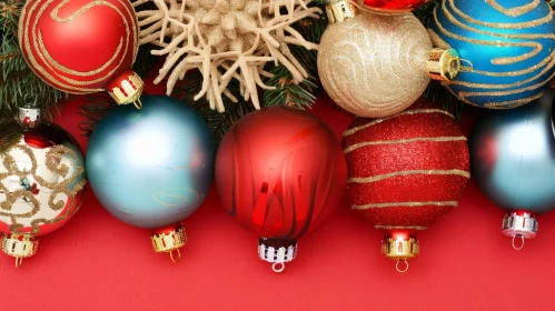 Christmas Ornaments on Red Background - Festive Decorations