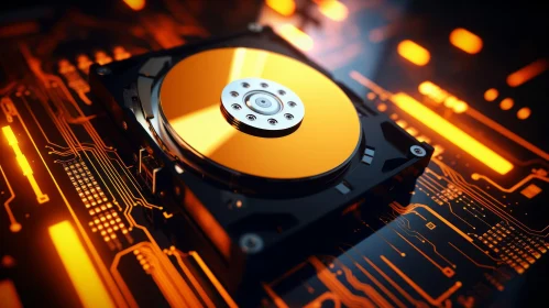 Close-up Hard Disk Drive (HDD) with Orange Glow